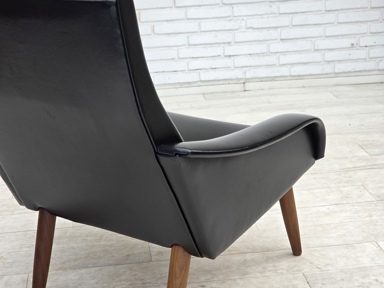 photo for sale 1970s, Danish Armchair, Black Artificial Leather, Teak Wood Legs.