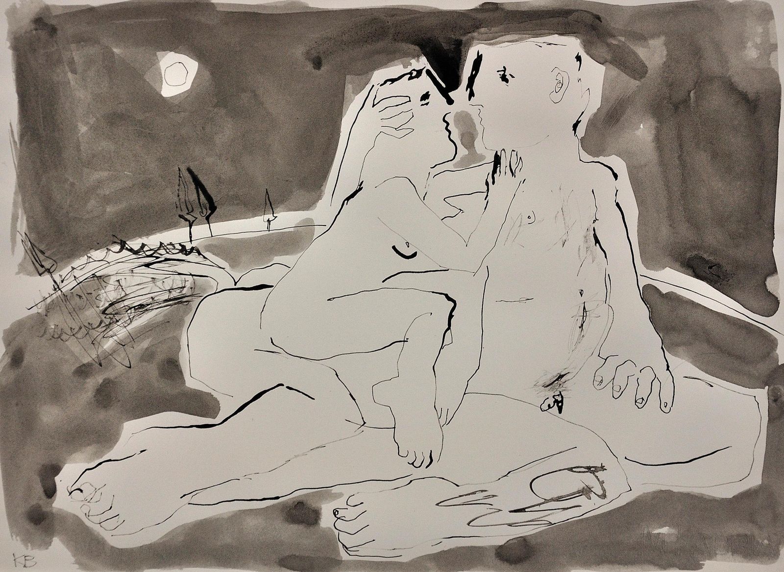 Keith Bayliss B.1954. Welsh. Moonlight Embrace. Male & Female Nude. Framed En Grisaille Watercolour Painting. Picasso Resemblance & Influence. photo furniture