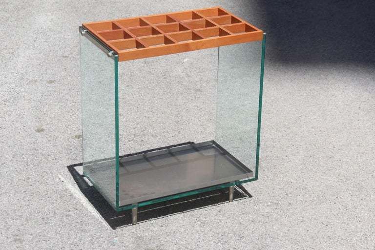 Rectangular Umbrella Stand Italian Design 1990 Fiam Wood Glass Steel photo vinterior