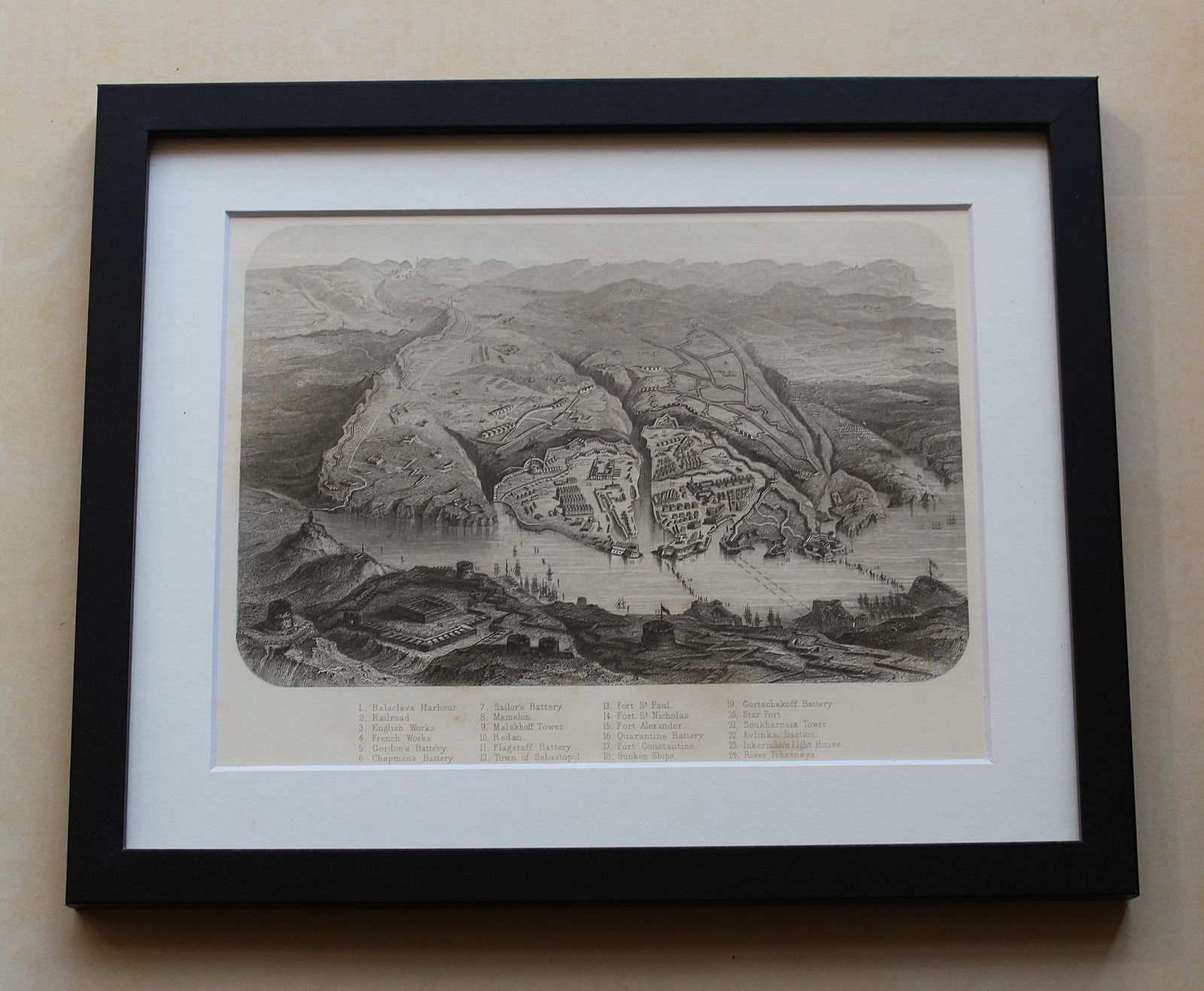 Gravure midden 19e eeuw 'Plan Of Attack And Defences Of The South And North Sides Of The Harbour And Town Of Sevastopol.'