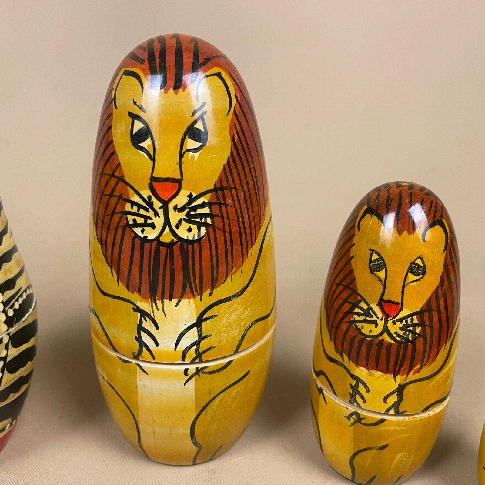 Nesting Dolls Wooden Vintage   Lion And Cat Matryoshka Set   Hand Painted Stacking Animals Decor For Nursery Shelf And Cat Lover Gift photo Home Decor