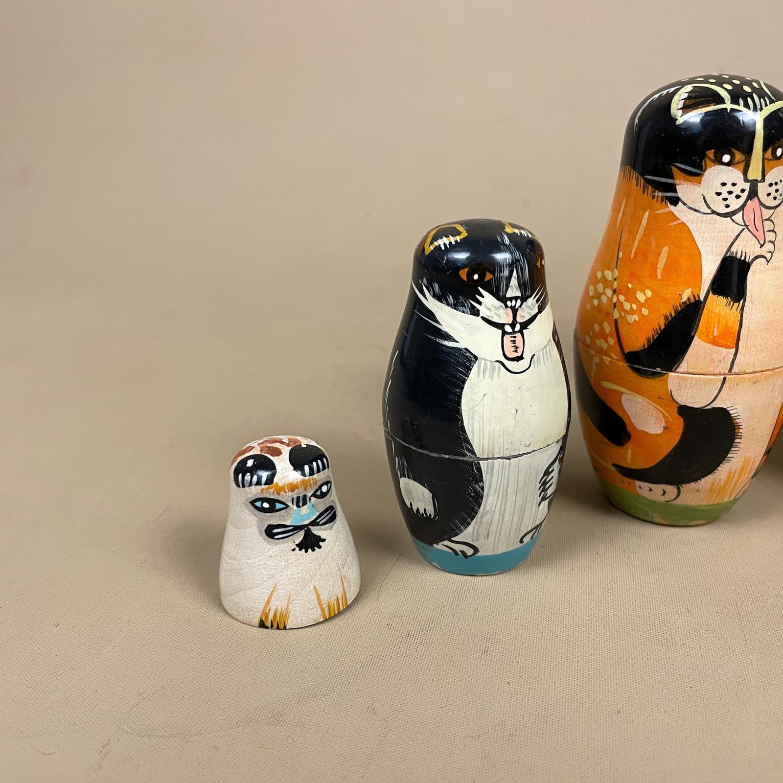 Nesting Dolls Wooden Vintage   Lion And Cat Matryoshka Set   Hand Painted Stacking Animals Decor For Nursery Shelf And Cat Lover Gift photo vintage