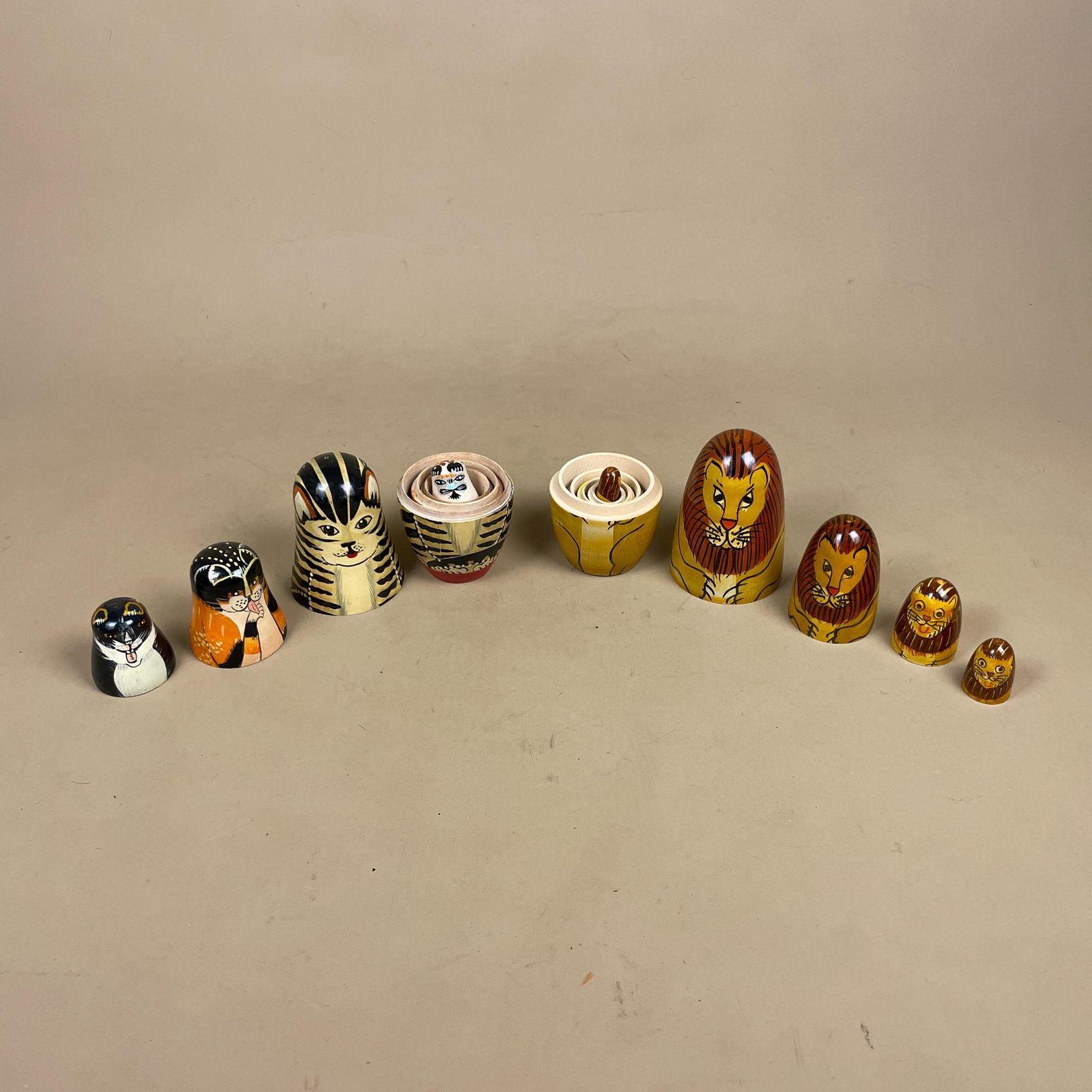 69.0 Nesting Dolls Wooden Vintage   Lion And Cat Matryoshka Set   Hand Painted Stacking Animals Decor For Nursery Shelf And Cat Lover Gift photo