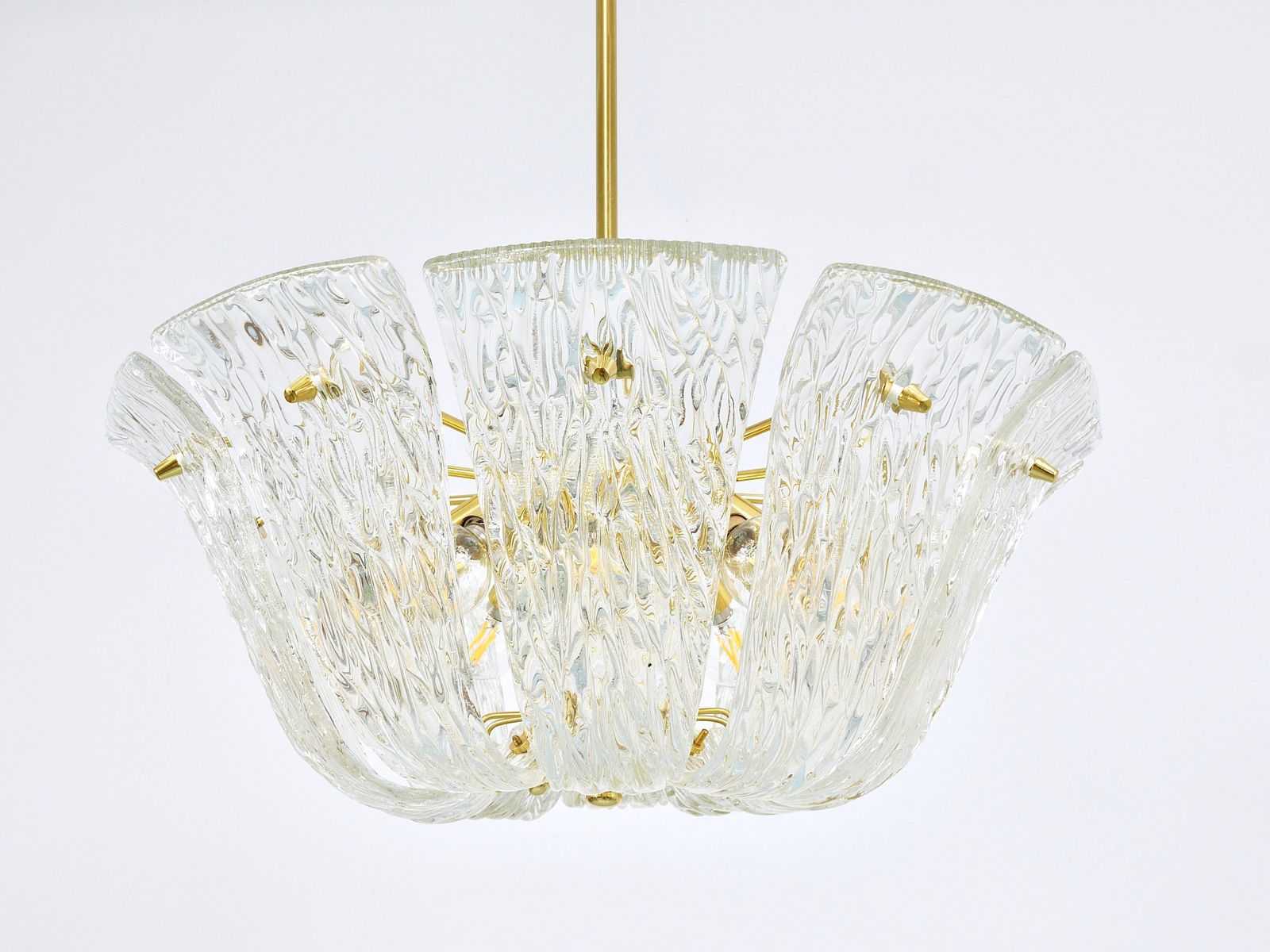 Large J.T. Kalmar Curved Basket Chandelier, Brass & Textured Glass, Vienna, 1950 photo buy