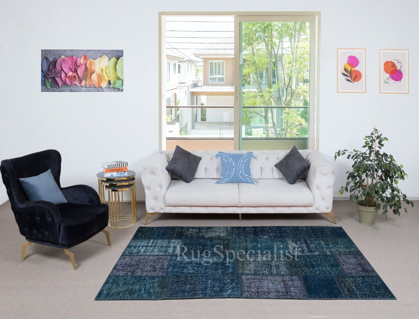 153x245 cm Hedendaags Turks handgeknoopt wollen patchworkkleed in blauwtinten photo furniture
