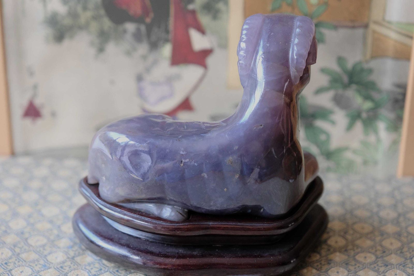 240.0 Antique Chinese Hardstone Carving Ram Sheep Goat, Purple Amethyst Quartz, Qing/Republic, Wood Stand photo