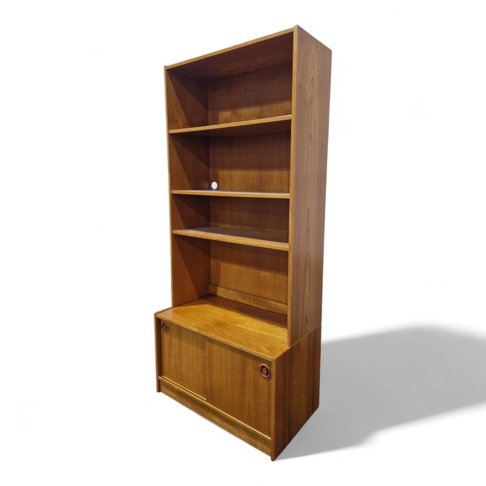 Vintage Teak Bookcase Cabinet Sliding Door Cupboard Mid Century Display Shelving photo vinterior
