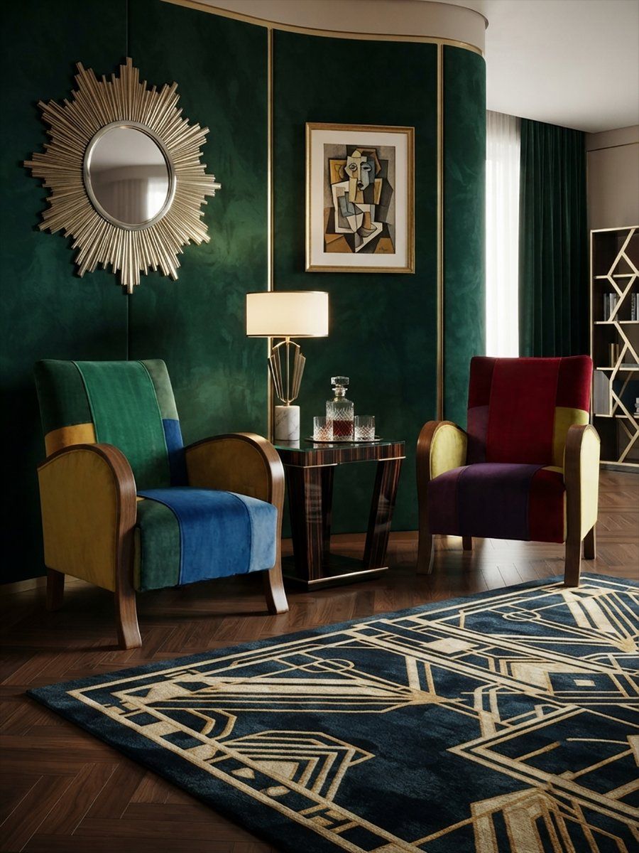 Art Deco Fauteuils in Levendige Meerkleurige Fluwelen Patchwork, Set van 2 photo vinterior