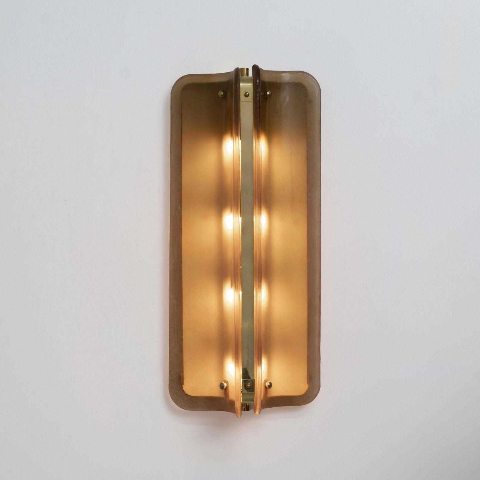 Pair Of Large Curved Amber Murano Glass And Brass Wall Sconces photo for sale