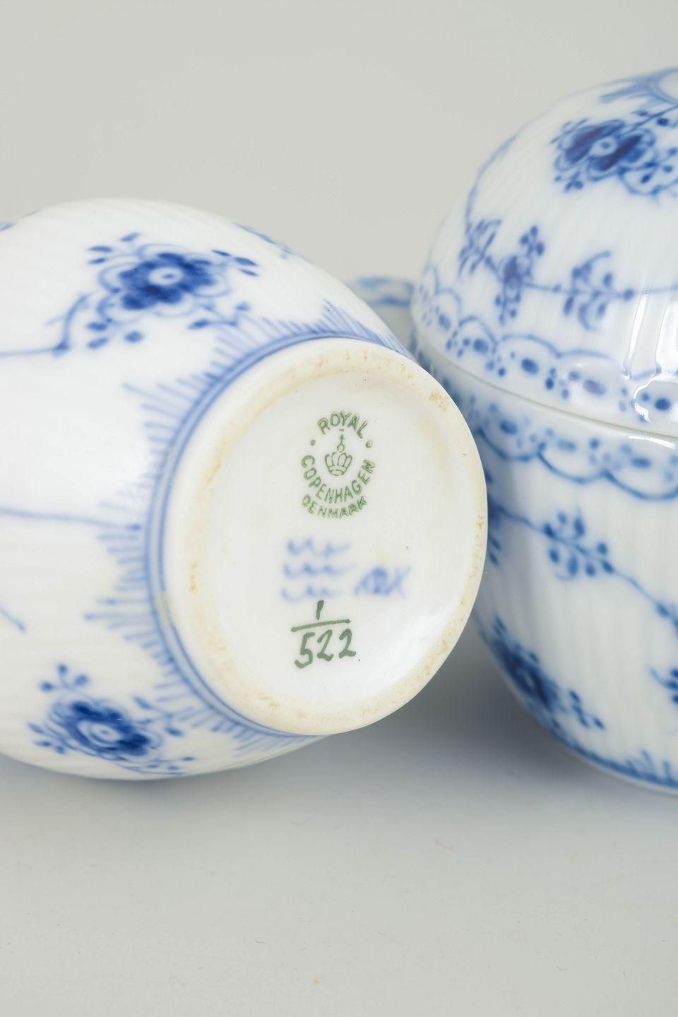 Royal Copenhagen. Blue Fluted Half Lace Creamer And Sugar Bowl, Late 20th C. photo Home Decor