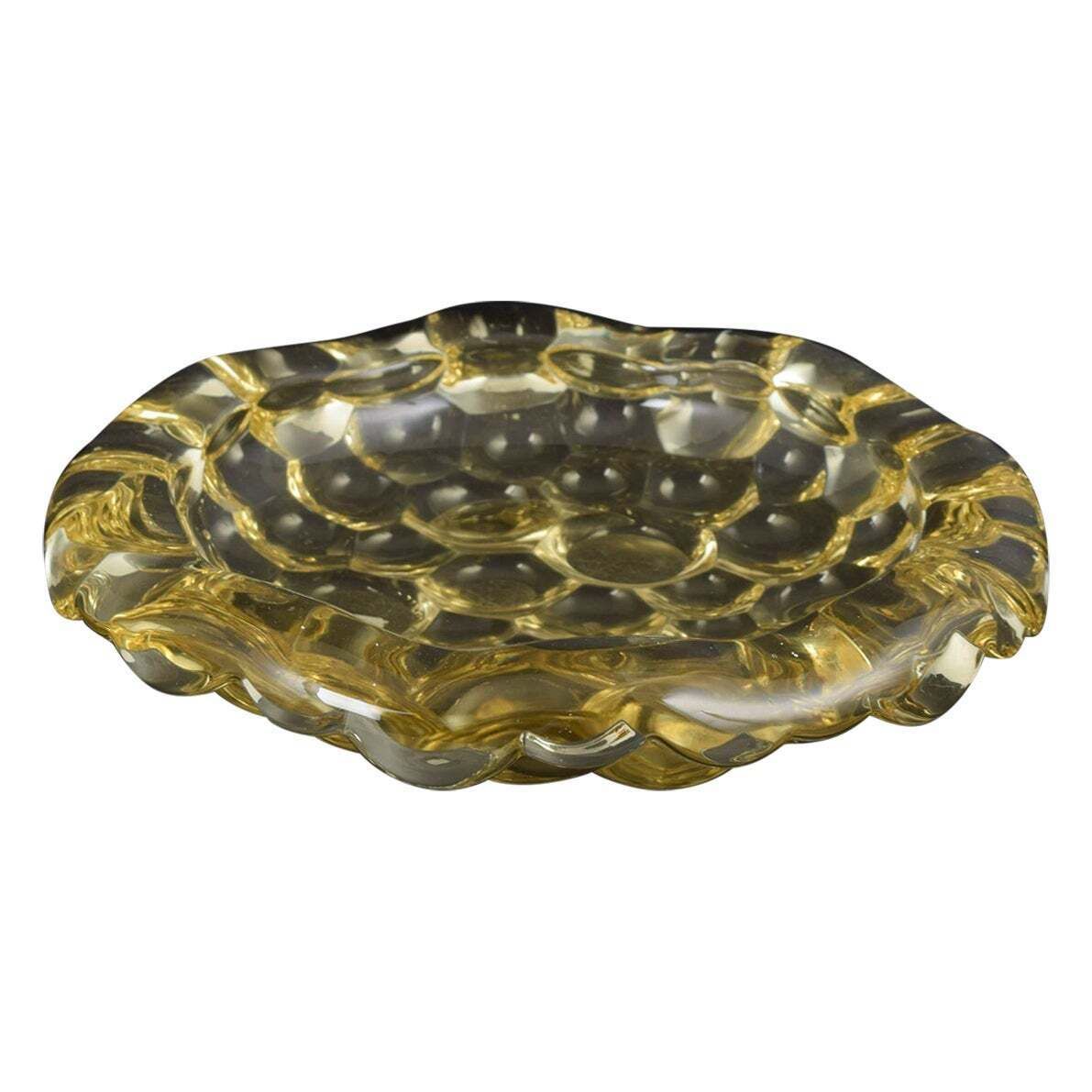 Pierre D'avesn. Gele geperst-glazen schaal met art deco ornamentiek. Ca. jaren 1930