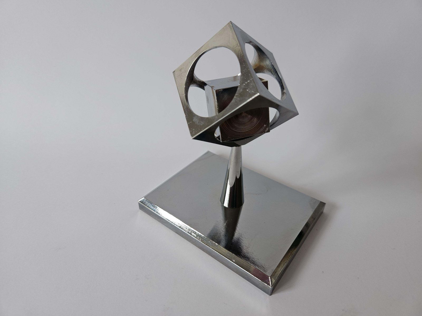 Rare Midcentury Chrome Paperweight, Model, Turners Cube, Desk Sculpture, 1970s photo for sale
