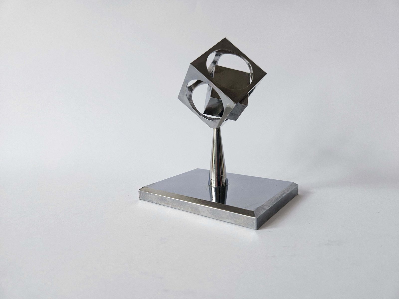 photo for sale Rare Midcentury Chrome Paperweight, Model, Turners Cube, Desk Sculpture, 1970s