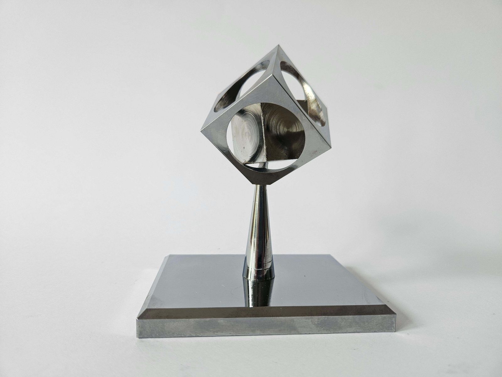 Home Decor Rare Midcentury Chrome Paperweight, Model, Turners Cube, Desk Sculpture, 1970s photo