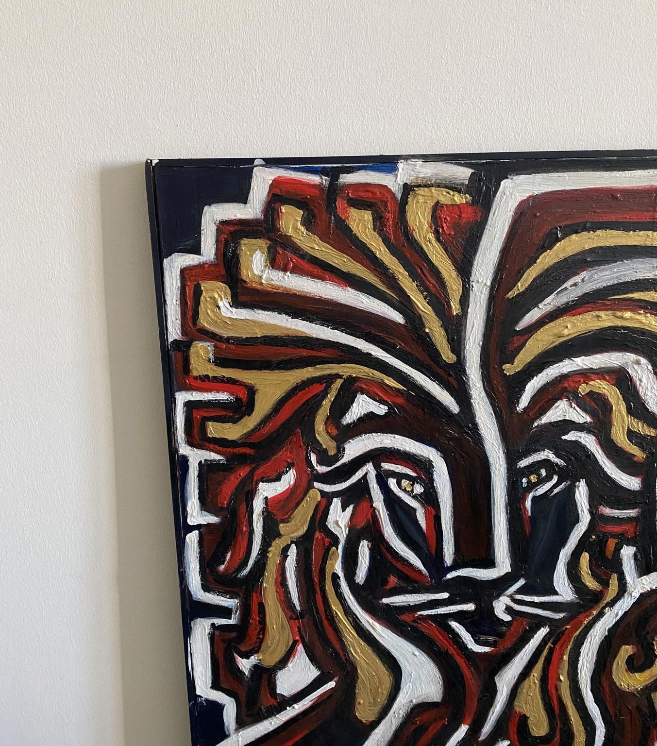 Italy Post Modern Oil Painting On Canvas With A Lion In Black Red And Yellow photo for sale