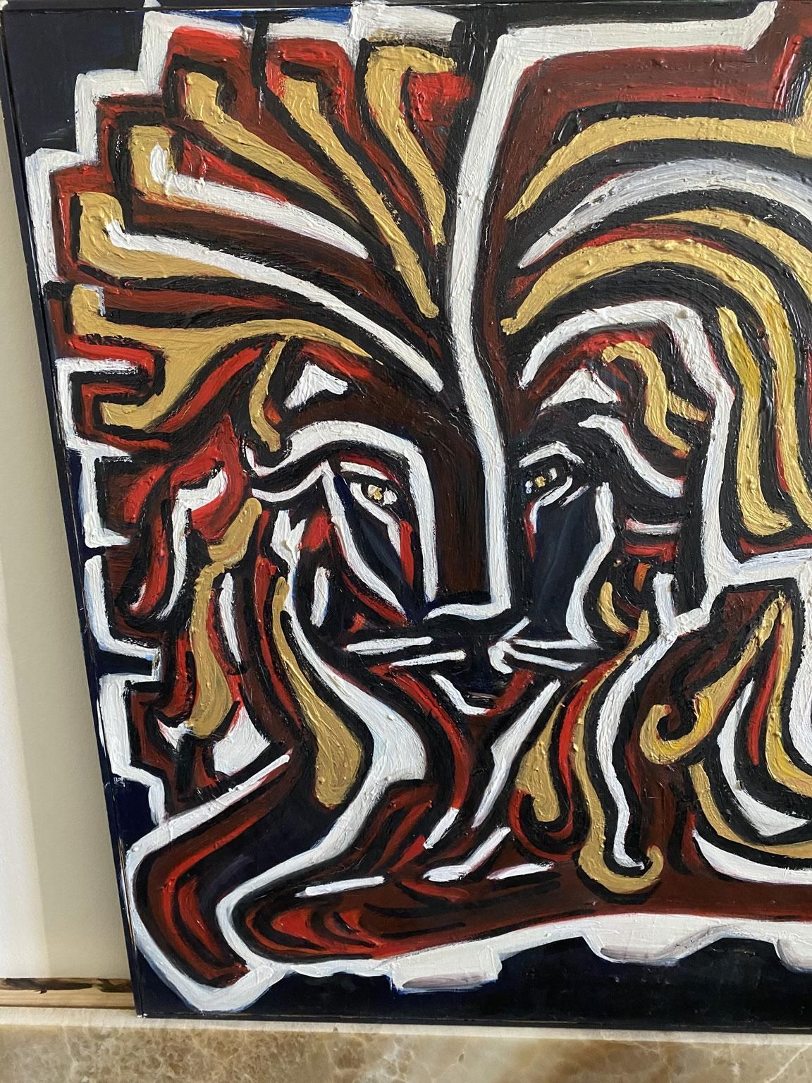 Italiaans postmodern olieverfschilderij op doek met een leeuw in zwart, rood en geel photo Kunst