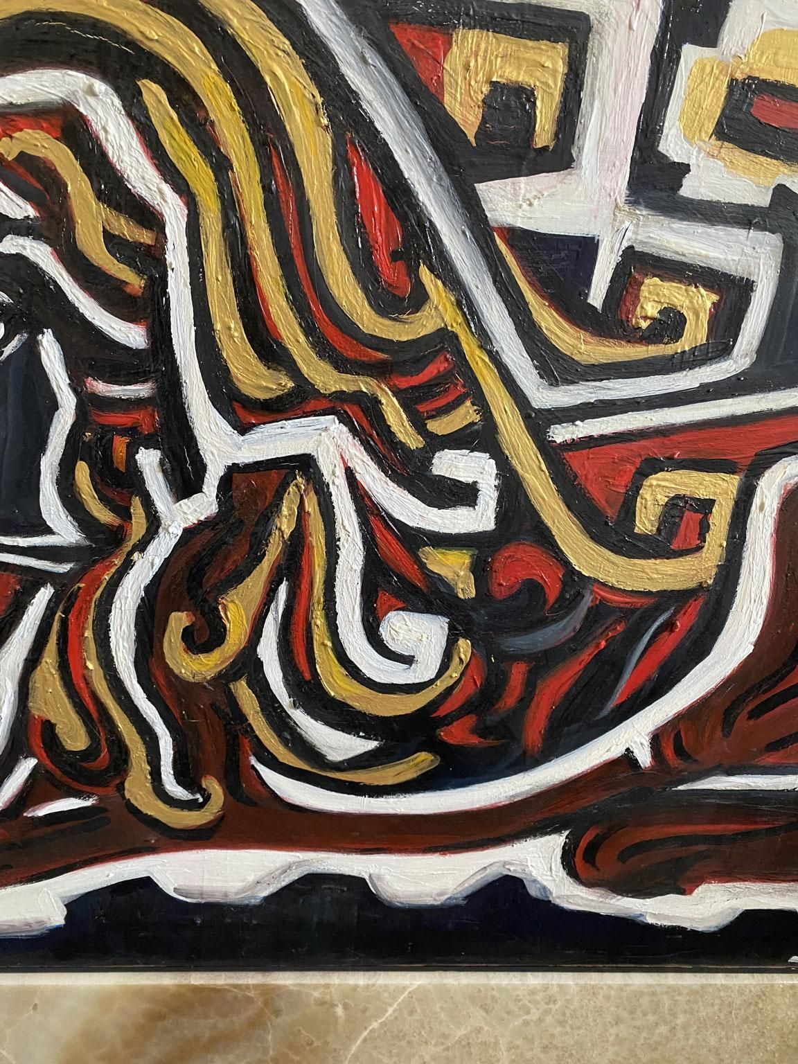 Italy Post Modern Oil Painting On Canvas With A Lion In Black Red And Yellow photo vinterior