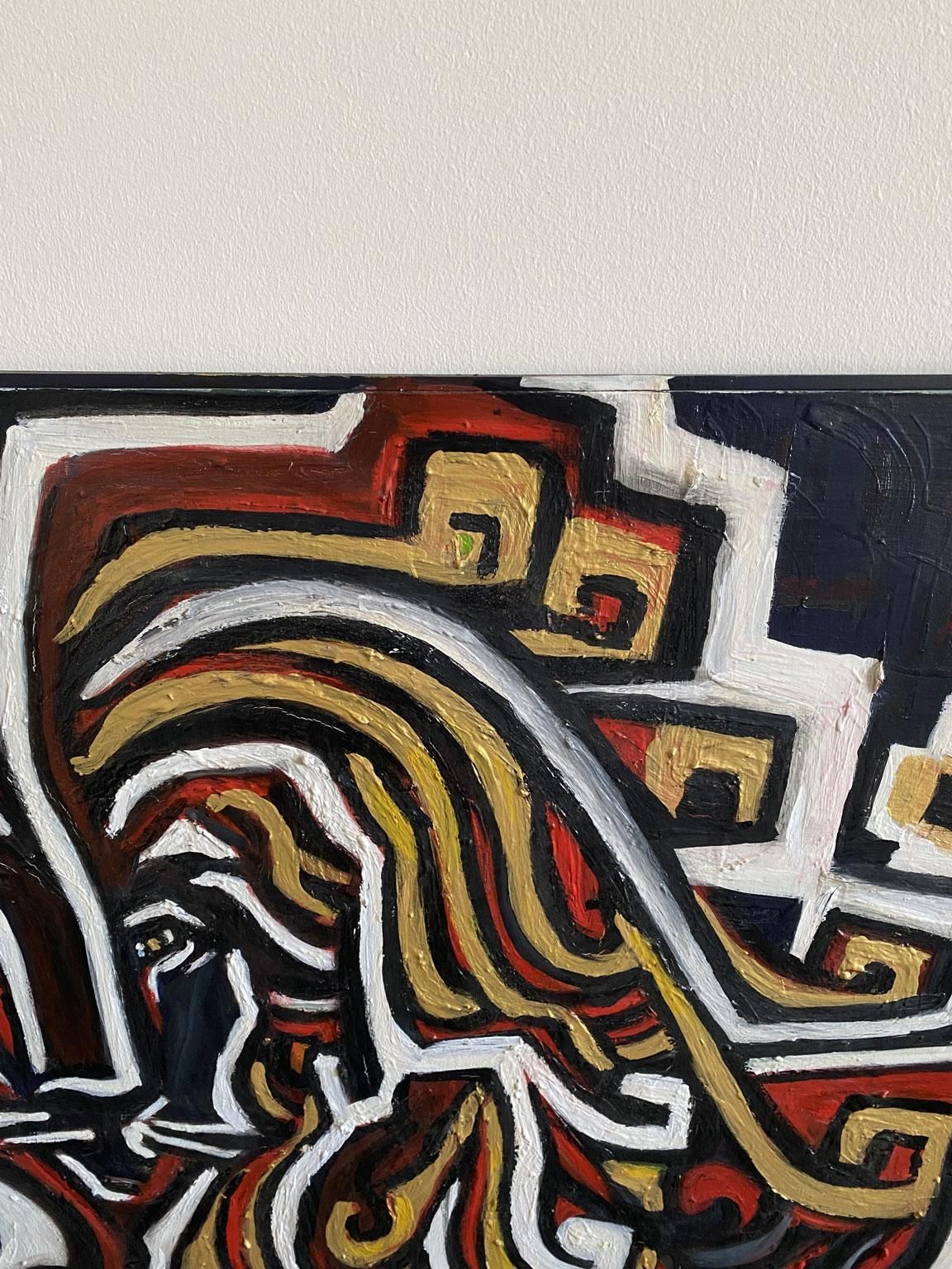 photo furniture Italiaans postmodern olieverfschilderij op doek met een leeuw in zwart, rood en geel