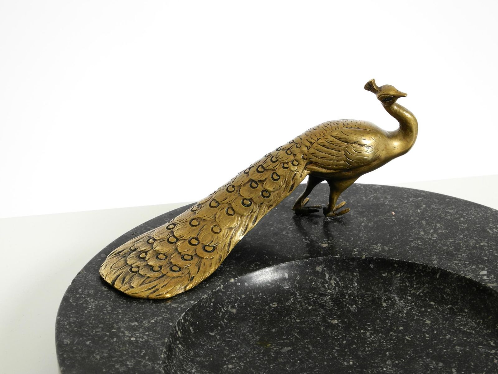 Beautiful, Large Black Granite Valet Tray Featuring A Brass Peacock, Circa 1920 photo vintage