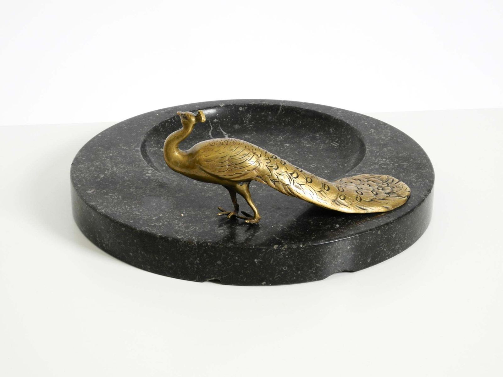 photo buy Beautiful, Large Black Granite Valet Tray Featuring A Brass Peacock, Circa 1920