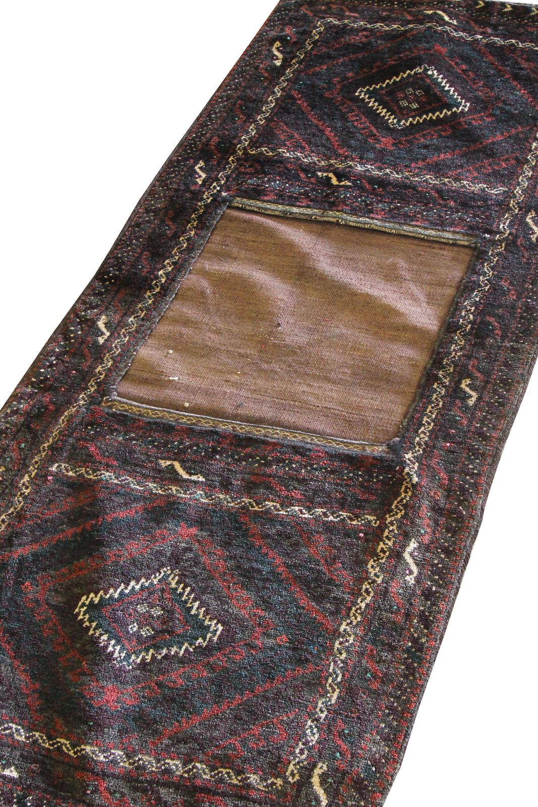Antiek zadeltasje, traditioneel bruin wollen tribaal textiel, handgemaakt, geometrisch photo Textiel