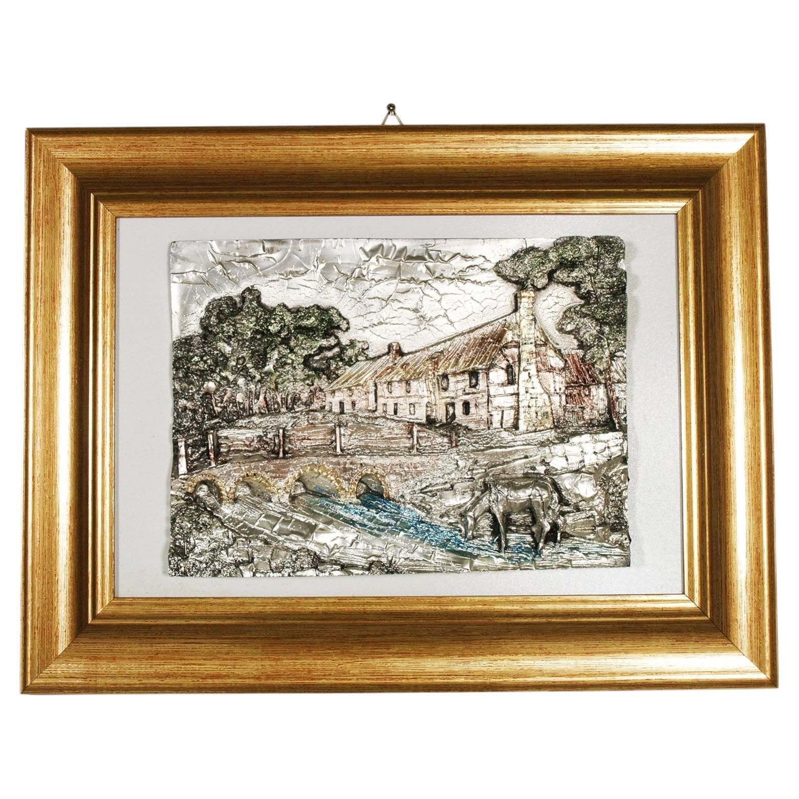 Italian 925 Silver And 24 Karat Gold Plated Bronze High Relief Landscape By Argenteria D’arte Guerrini photo vinterior