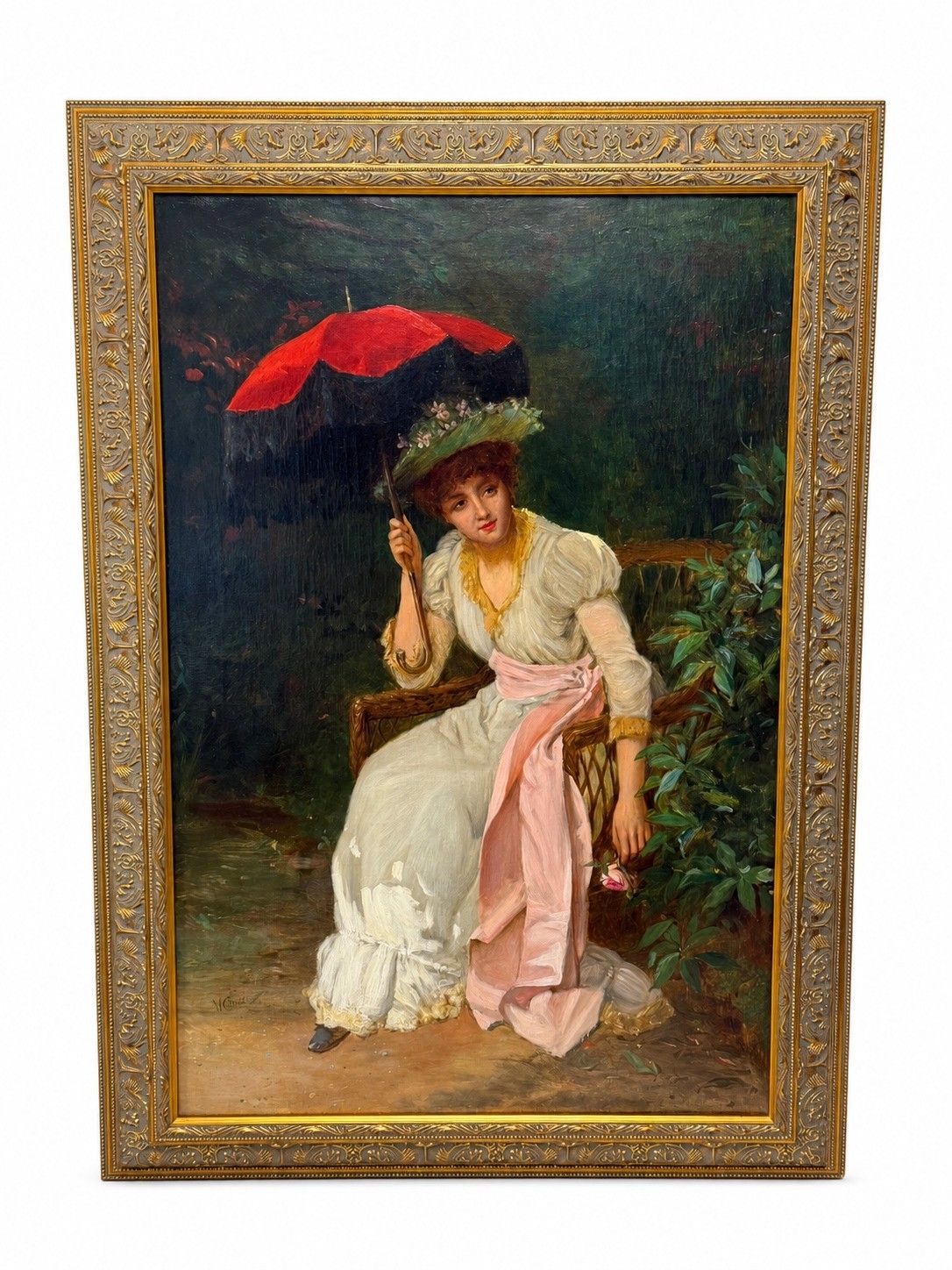 19e-eeuws portret in olieverf, dame met rode parasol, gesigneerd door William Oliver