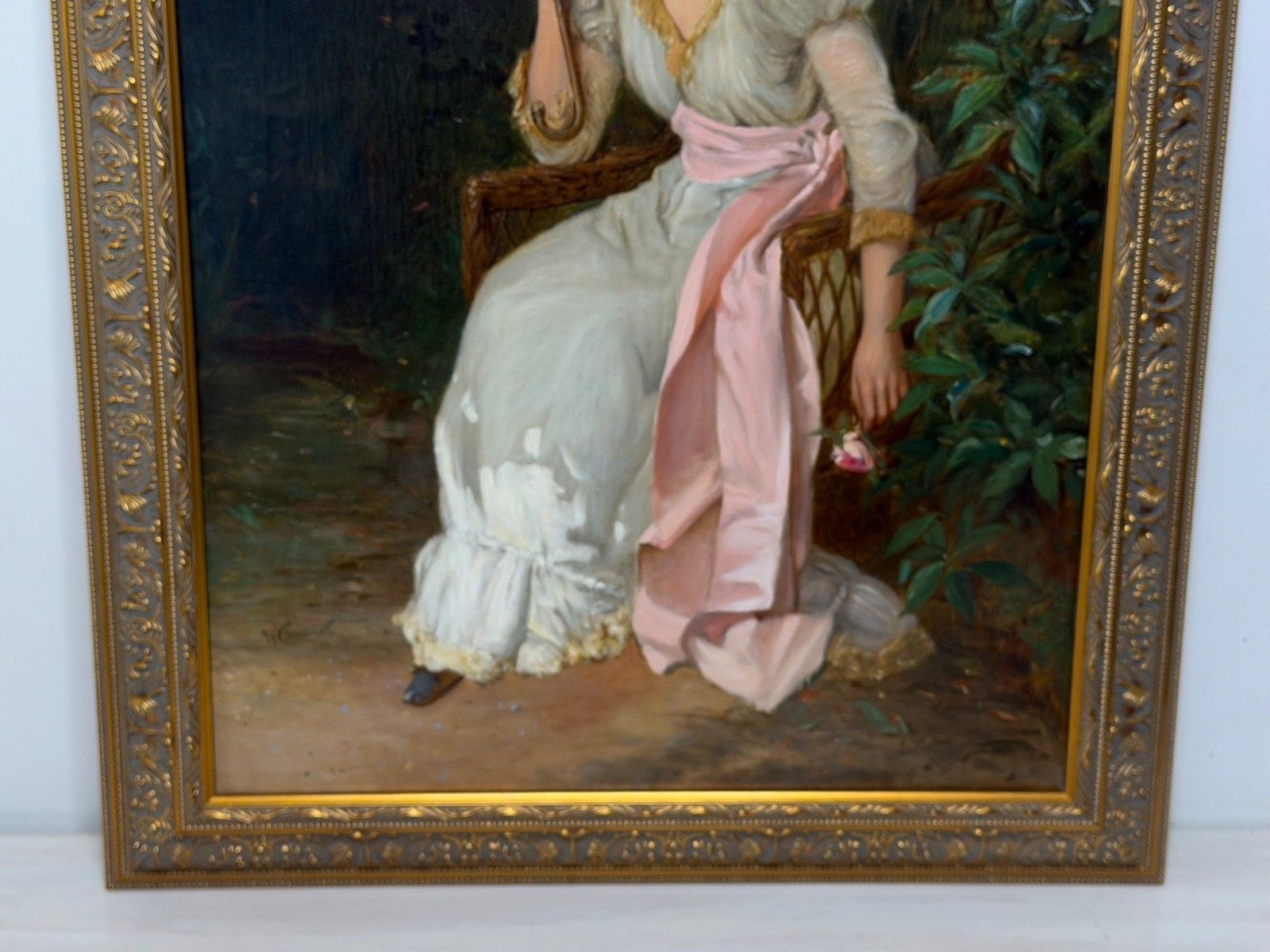 19th Century Portrait Oil Painting Lady Red Parasol Signed By William Oliver photo vintage