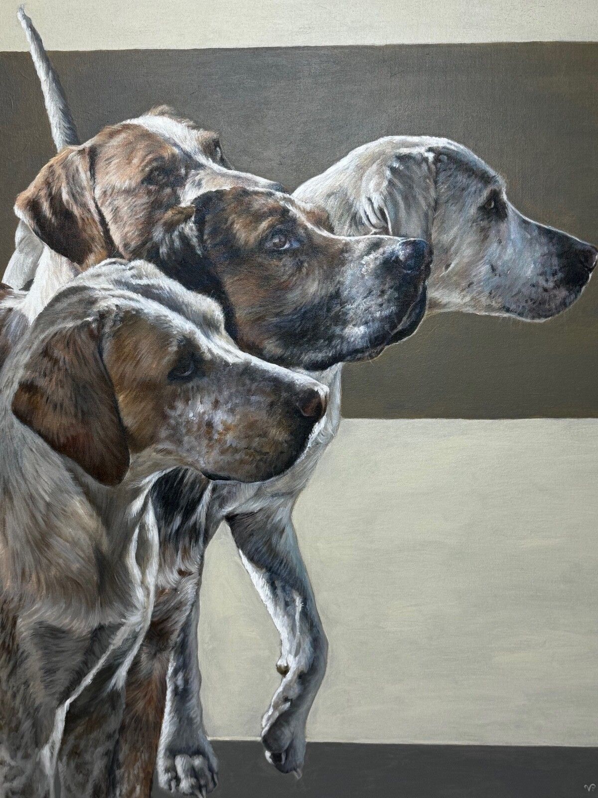 Groot jachttafereel, olieverfschilderij, hondenkoppel van reukspeurhonden bij de Berkeley Hunt, gesigneerd door Vicky Palmer photo furniture