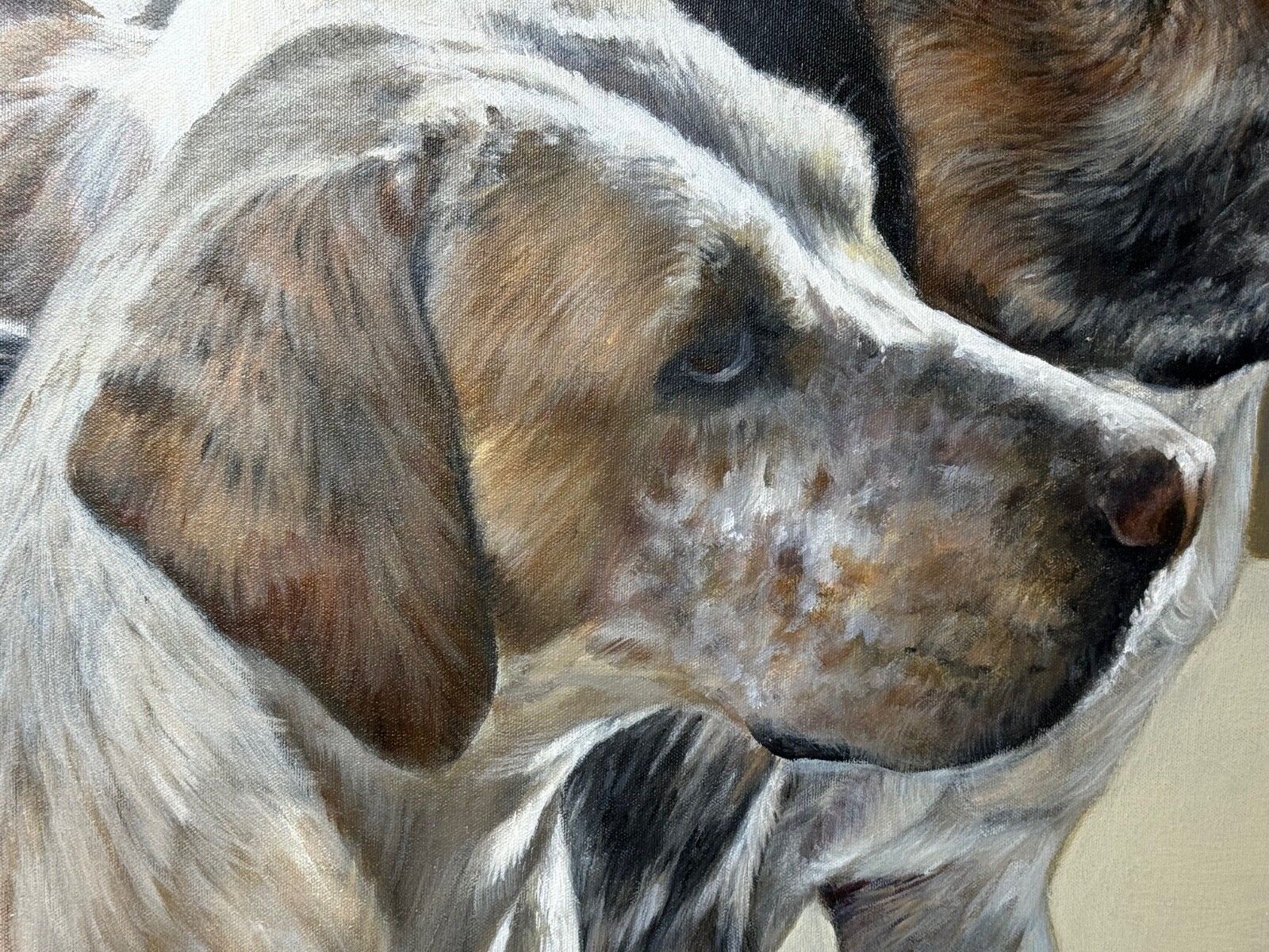 photo vinterior Groot jachttafereel, olieverfschilderij, hondenkoppel van reukspeurhonden bij de Berkeley Hunt, gesigneerd door Vicky Palmer