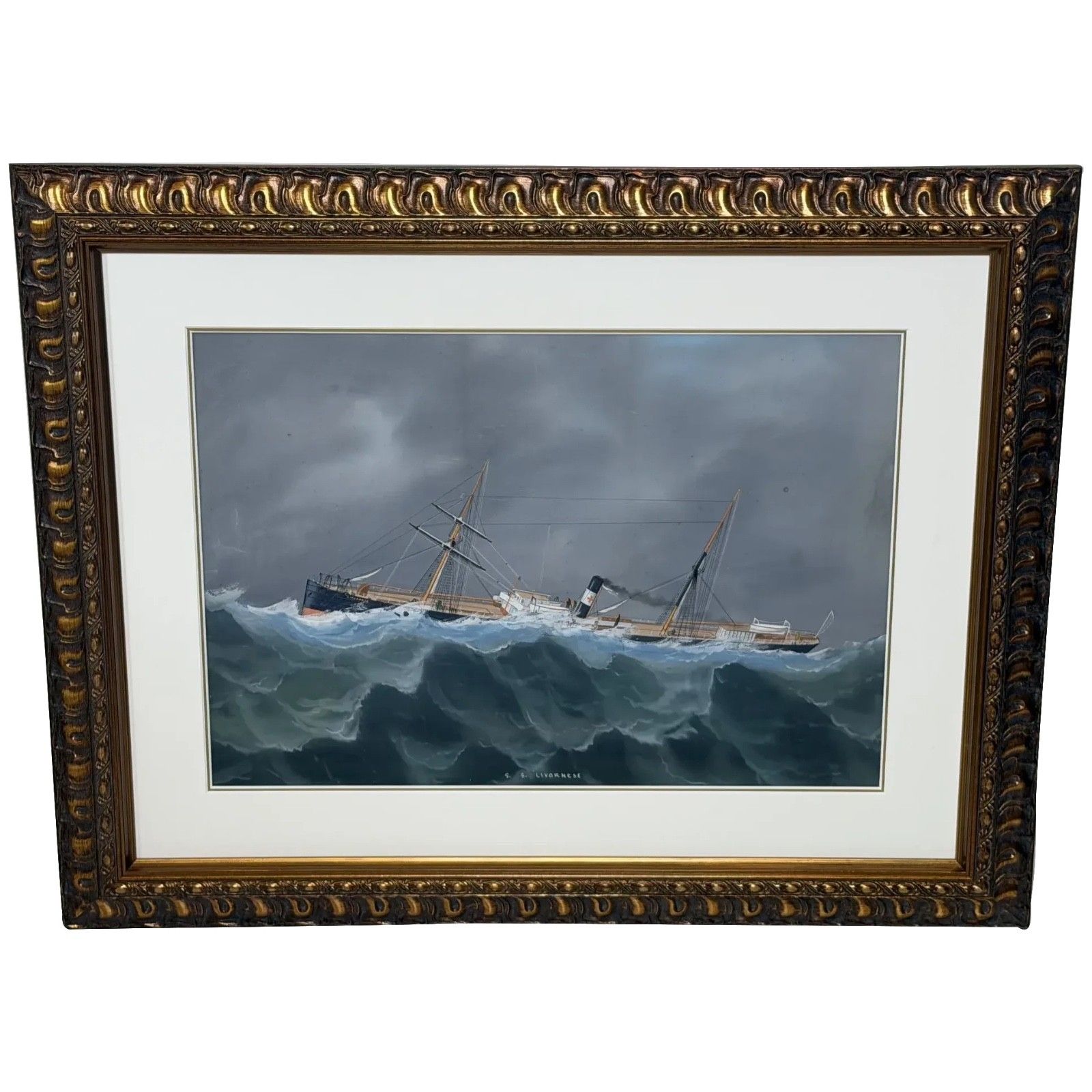 Maritiem schilderij ⚓ S.S. Livornese in zwaar weer, scheepsportret, toegeschreven aan Luca Papaluca