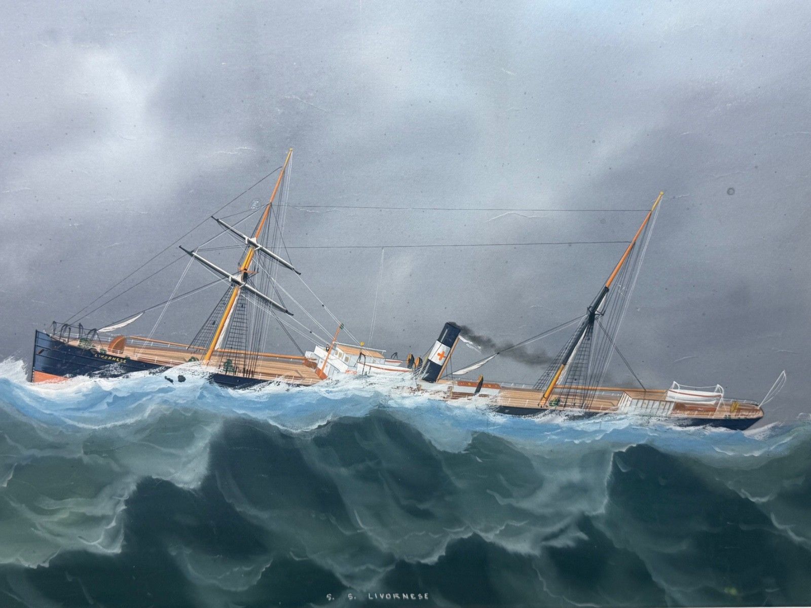 Maritiem schilderij ⚓ S.S. Livornese in zwaar weer, scheepsportret, toegeschreven aan Luca Papaluca photo furniture