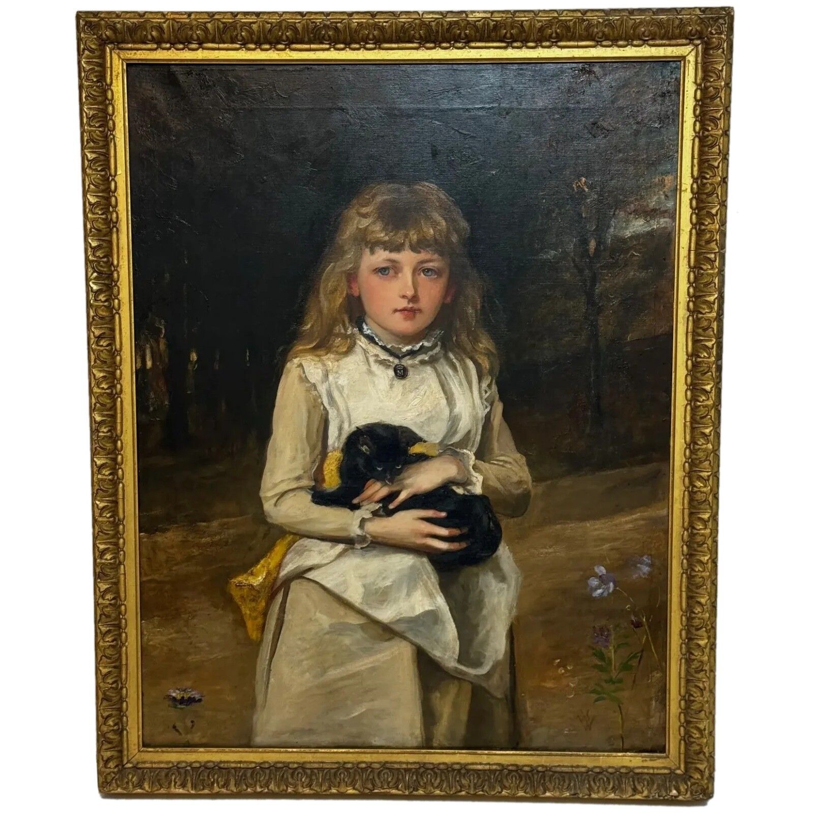 19th Century Oil Portrait Of Rachel Weigall With Kitten Signed By Henry Weigall