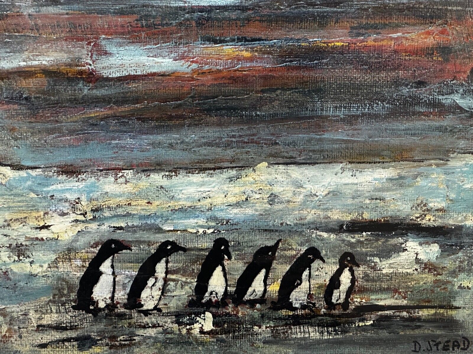 Oil Painting Winter Waddle Group Black & White Polar Penguins Antarctica photo buy