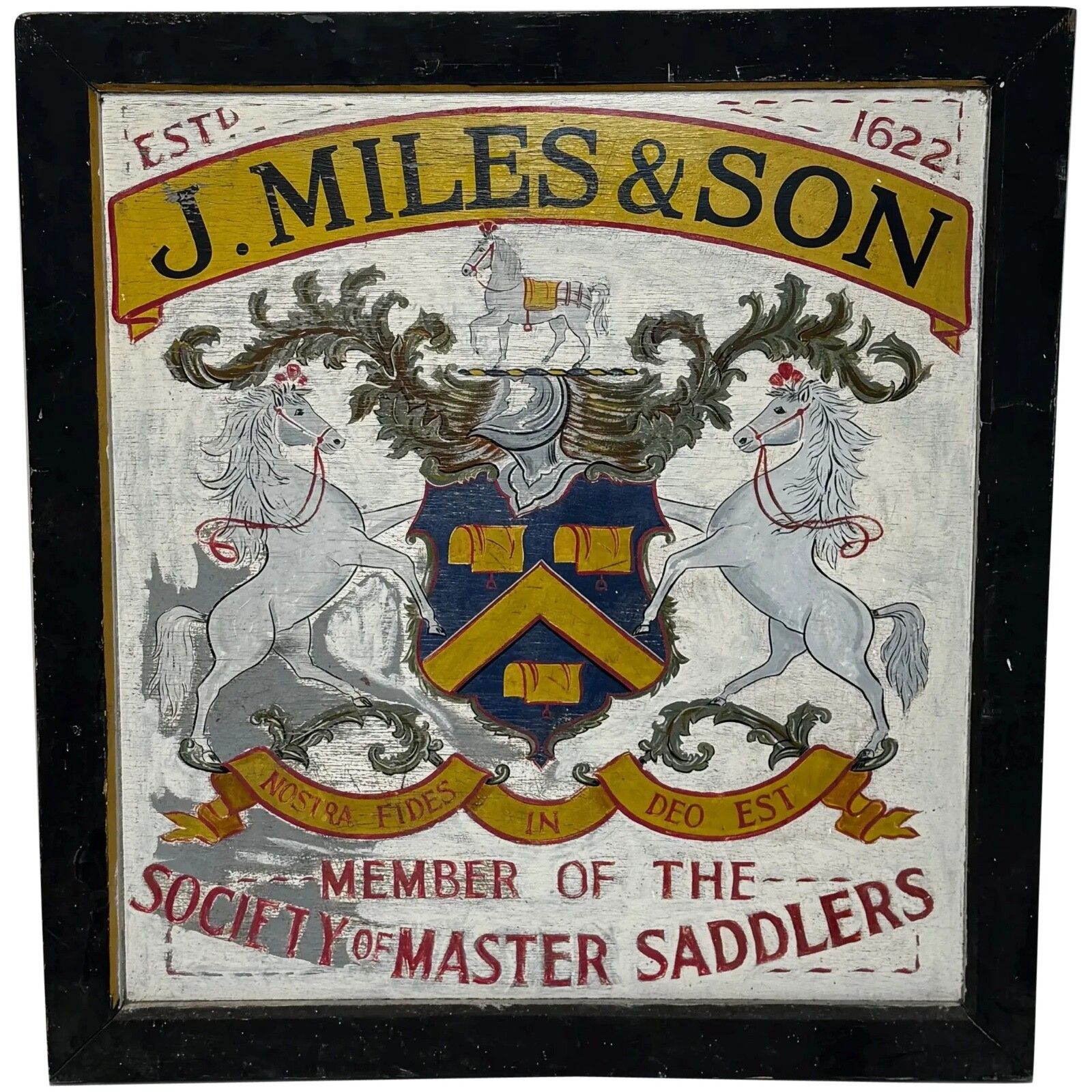 Vintage Heraldisch Handelsreclamebord J.Miles & Son Master Saddlers Dorchester