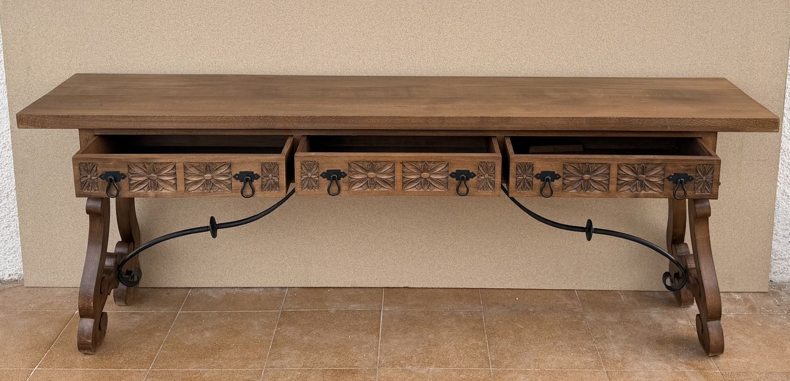 Spanish Rustic Carved Wood Console Table , Mid 20th Century photo vinterior