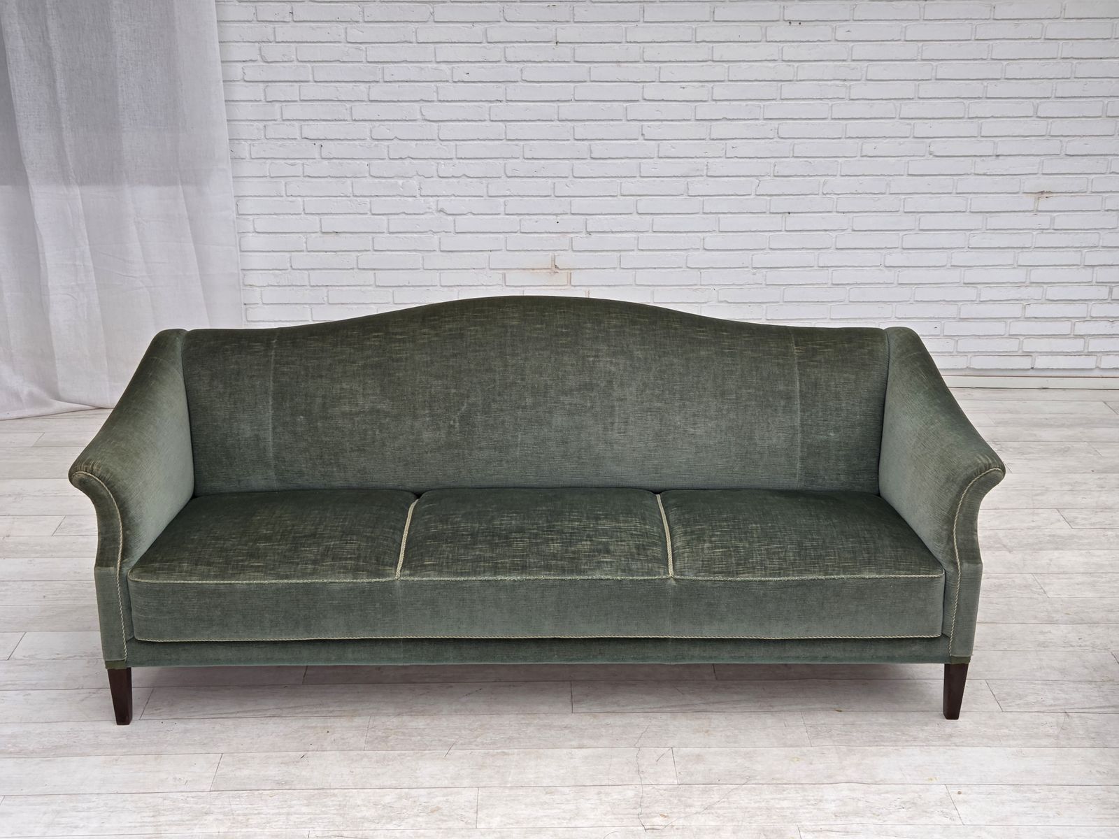 1960s, 3 Seater Danish Sofa, Green Furniture Velour. photo furniture