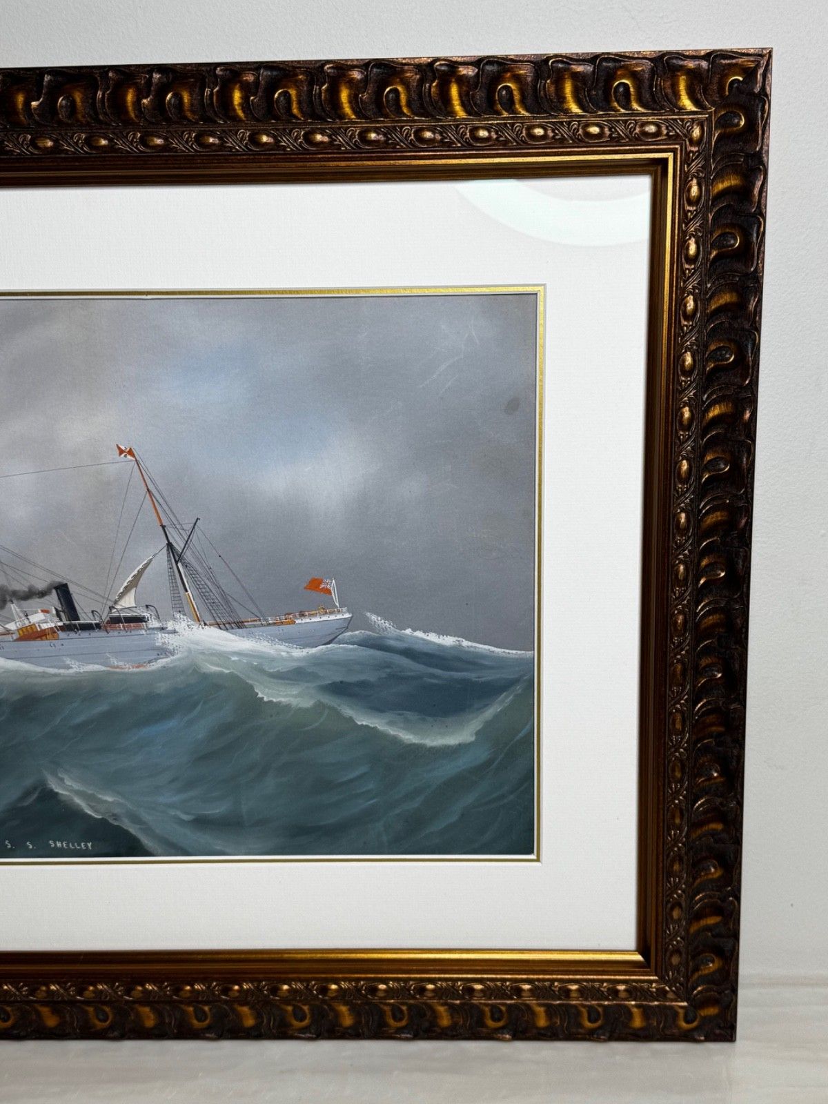 Early 20th Century Neapolitan Pierhead Marine Painting S.S. Shelley Steamship In Heavy Seas Attributed To Luca Papaluca photo vintage