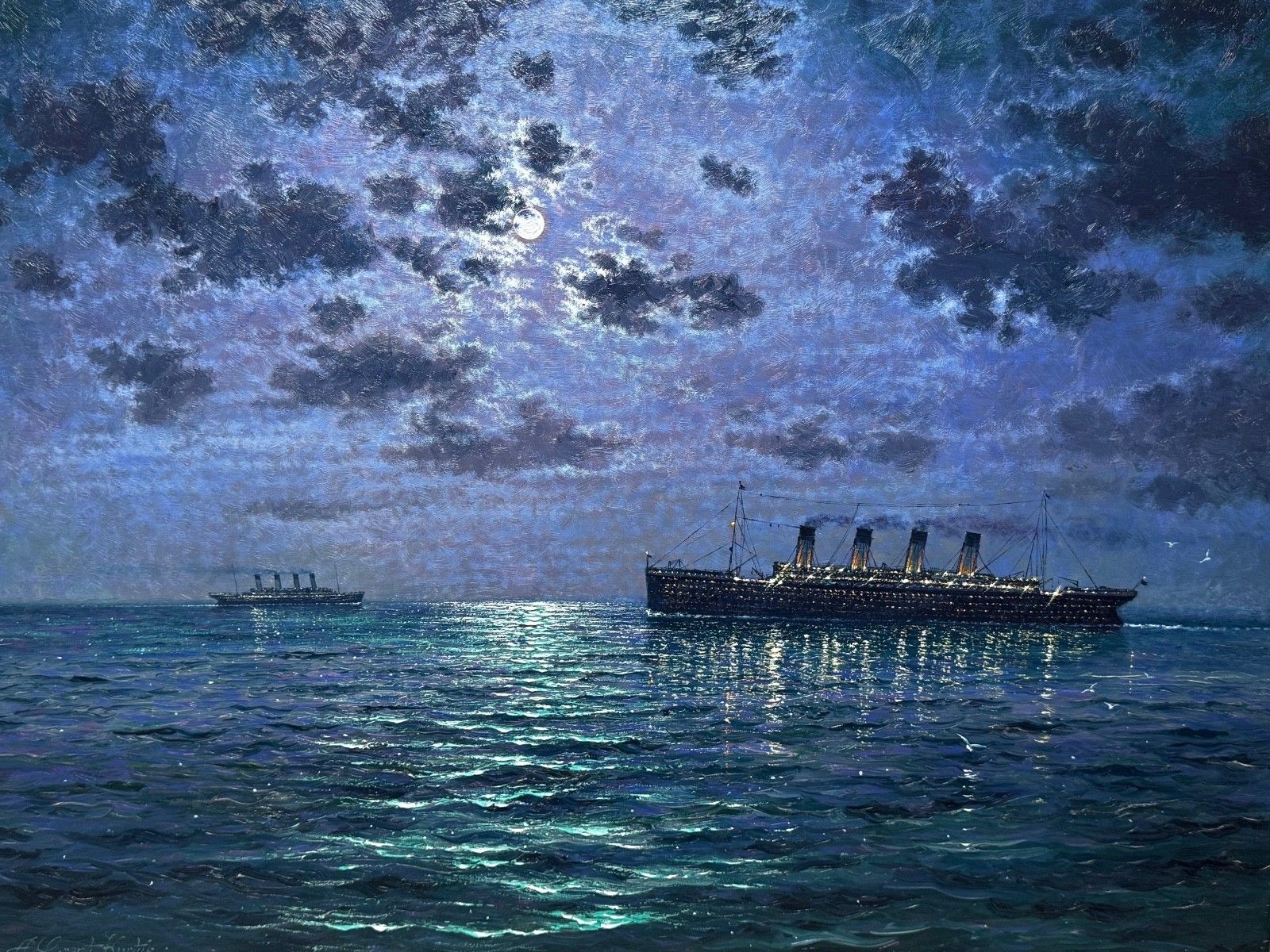 Large Oil Painting Ships That Pass In The Night Rms Titanic Under Nocturnal Moon With Rms Olympic photo furniture