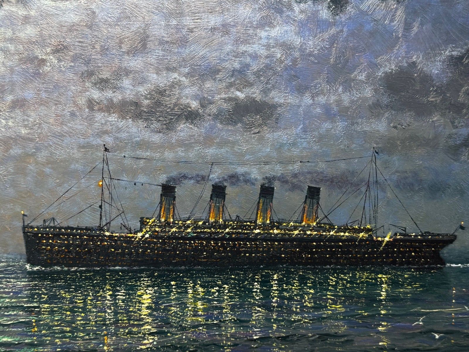 Groot olieverfchilderij "Ships That Pass In The Night" - RMS Titanic onder nachtelijke maan met RMS Olympic photo Kunst