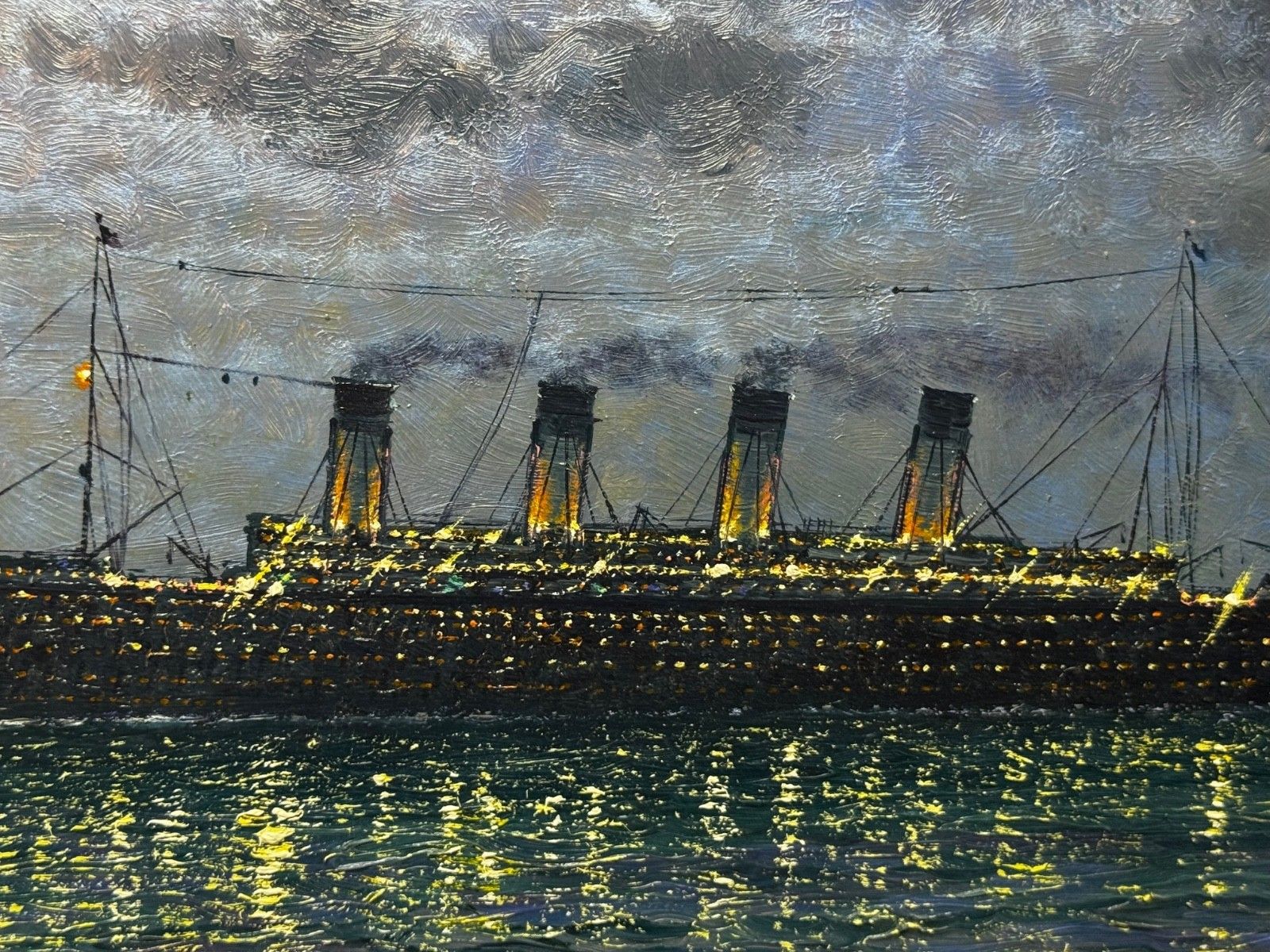 Groot olieverfchilderij "Ships That Pass In The Night" - RMS Titanic onder nachtelijke maan met RMS Olympic photo 8250.0