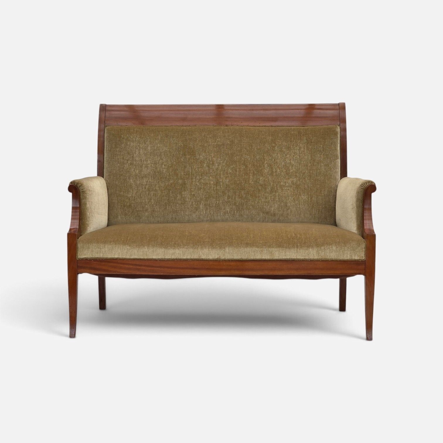 1950s, 2 Seater Danish Highback Sofa, Furniture Velour, Laqered Teak Wood.
