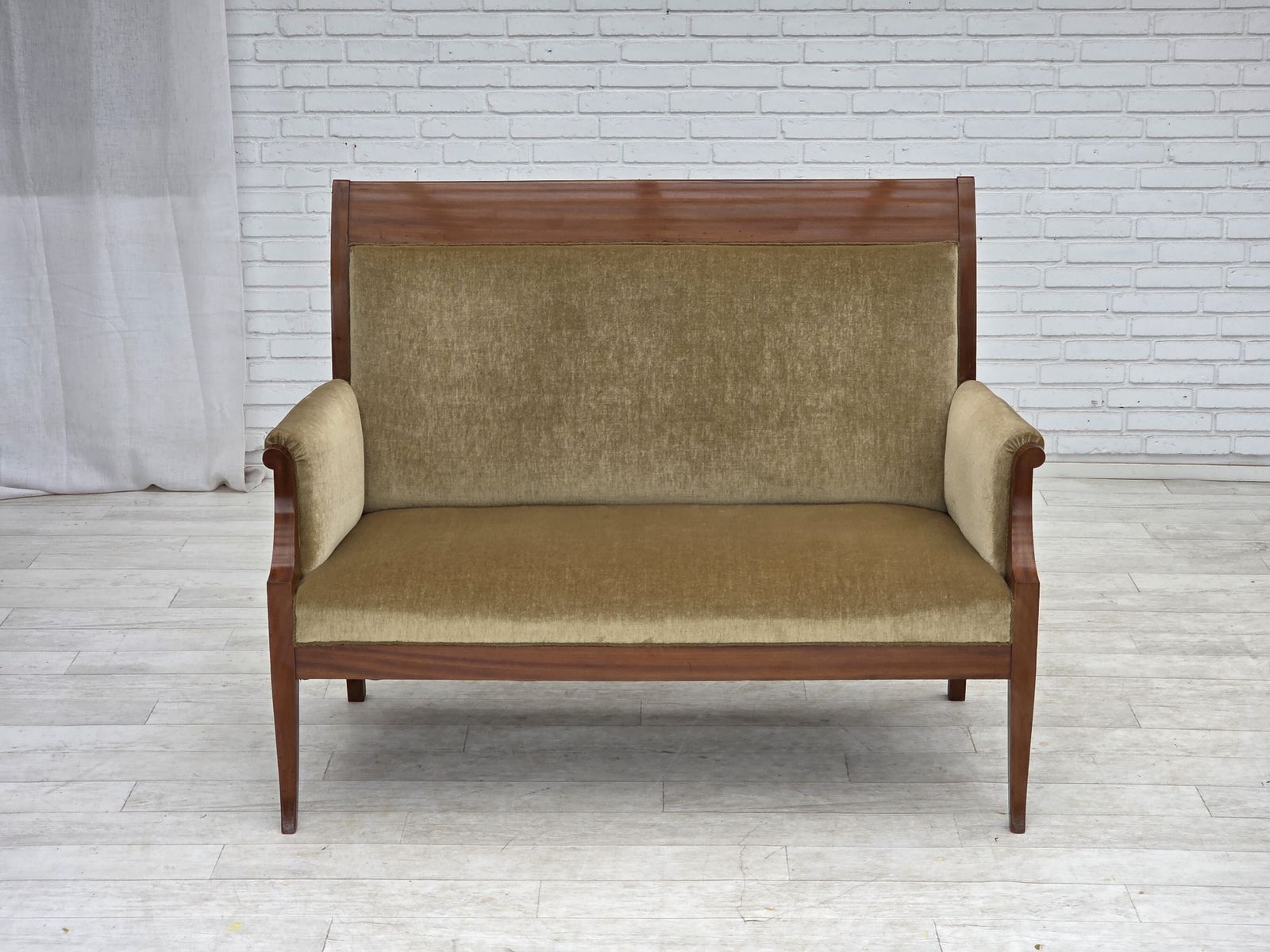 1950s, 2 Seater Danish Highback Sofa, Furniture Velour, Laqered Teak Wood. photo furniture