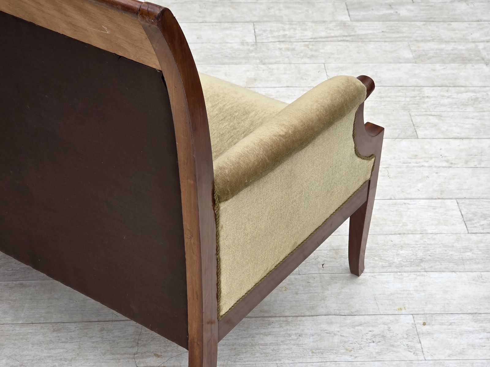 photo buy 1950s, 2 Seater Danish Highback Sofa, Furniture Velour, Laqered Teak Wood.