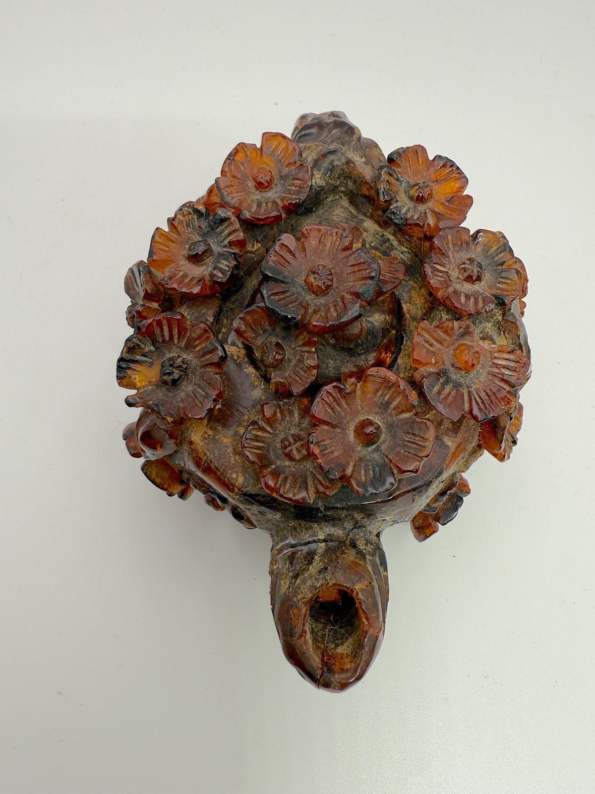 Antique Chinese Carved Amber Miniature Wine Pot, Prunus/Plum Blossom Relief, Late Qing Dynasty — As Found, Damage photo Home Decor