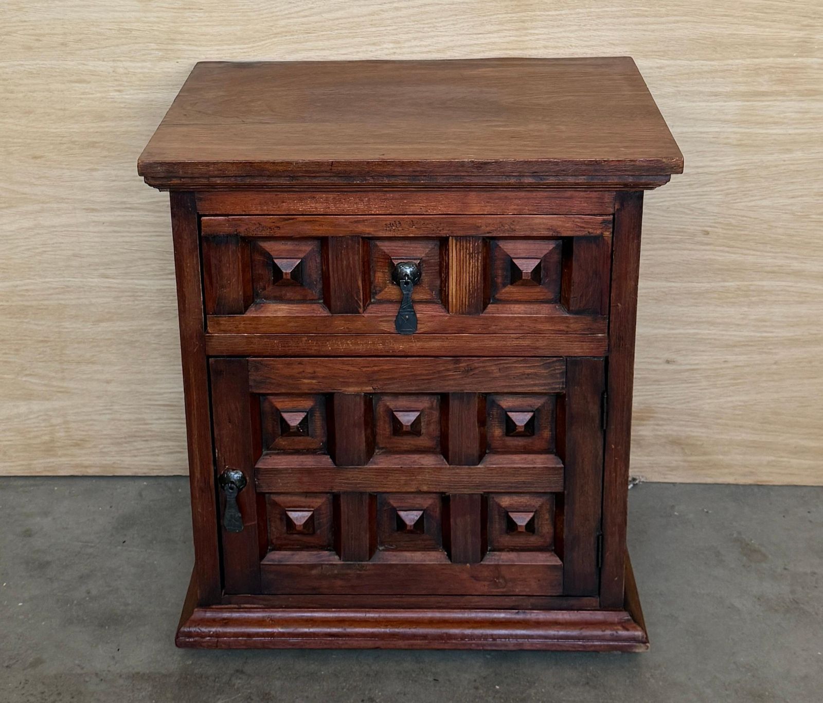 Pair Of Spanish Solid Walnut Nightstands With Hand Carved Geometric Panels photo for sale