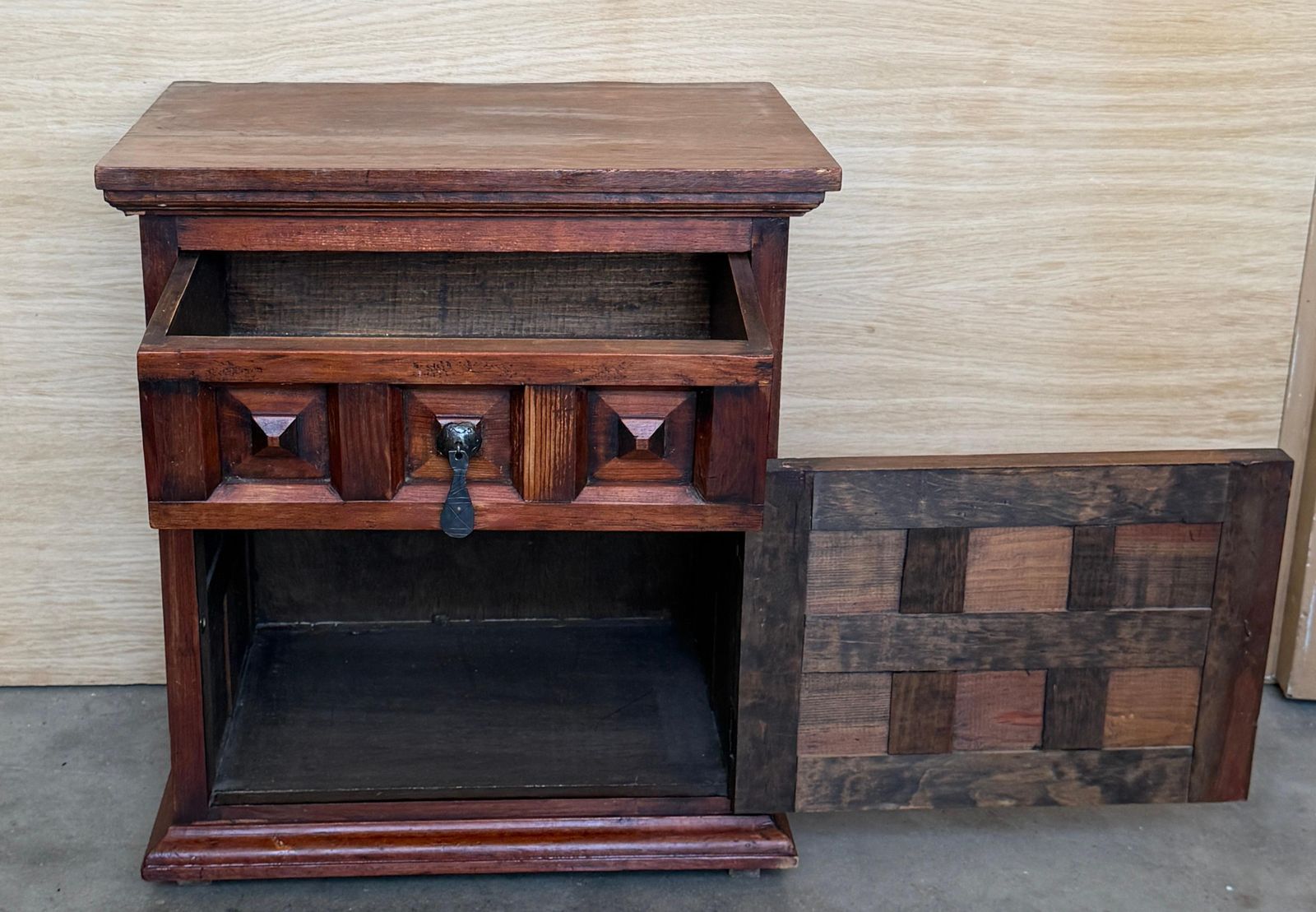 Pair Of Spanish Solid Walnut Nightstands With Hand Carved Geometric Panels photo buy