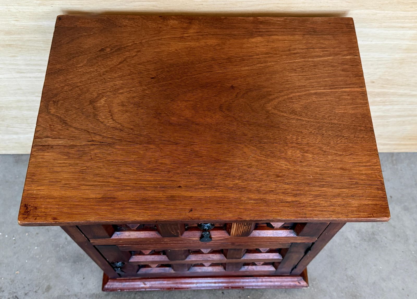 Pair Of Spanish Solid Walnut Nightstands With Hand Carved Geometric Panels photo vintage