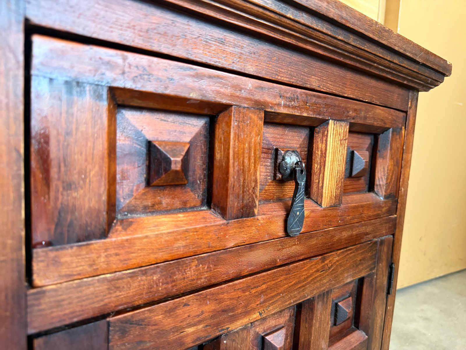 photo furniture Pair Of Spanish Solid Walnut Nightstands With Hand Carved Geometric Panels