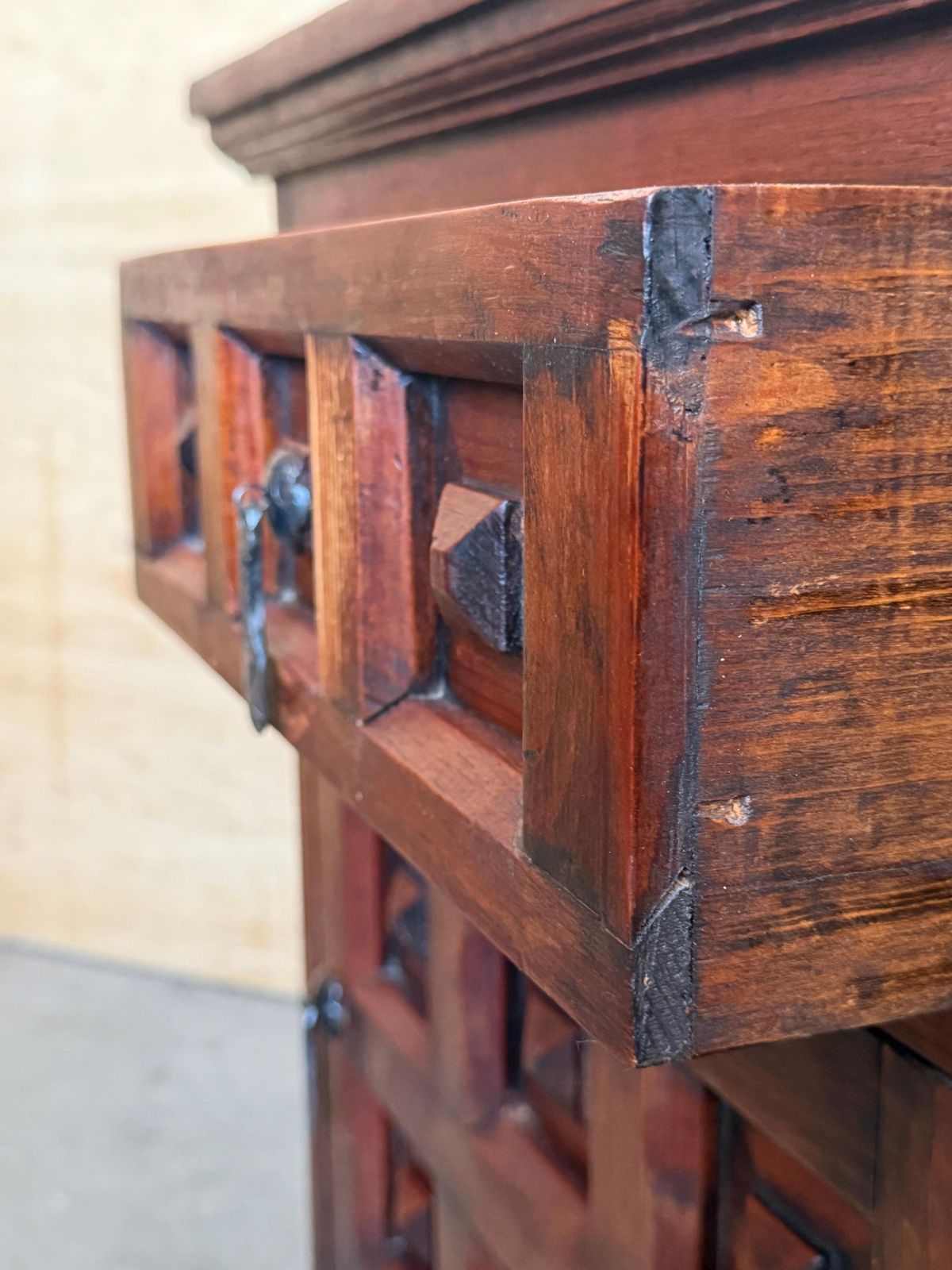 photo for sale Pair Of Spanish Solid Walnut Nightstands With Hand Carved Geometric Panels